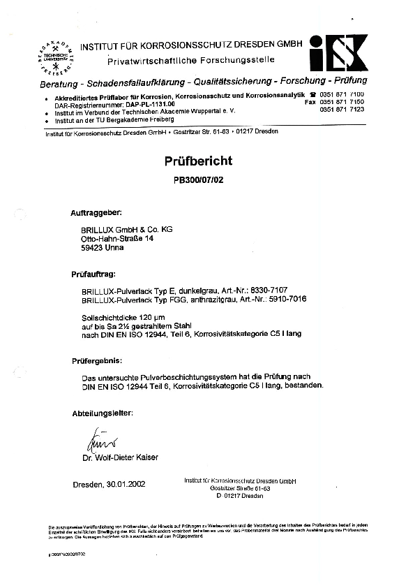 Korrosivitätskategorie C5 I high Zink-Grundierpulver 5815 und Universal-Polyesterpulver 5910 auf gestr. Stahl