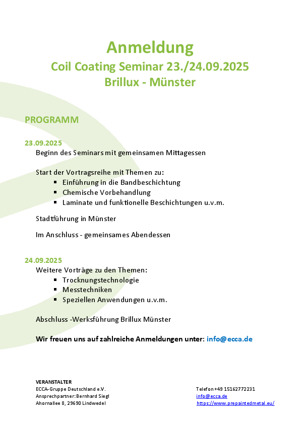 Anmeldung Coil Coating Seminar 2025 Informationsbroschüre